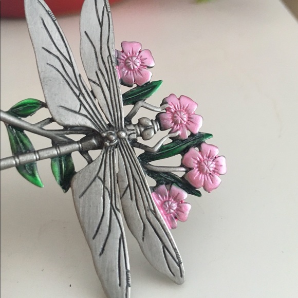 JJ JONETTE JONES Vintage Pewter Dragonfly Pink Flowers Pin Brooch - Picture 5 of 7